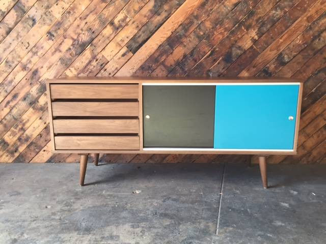 Mid Century Style Custom Small Credenza with 4 drawers and painted doors