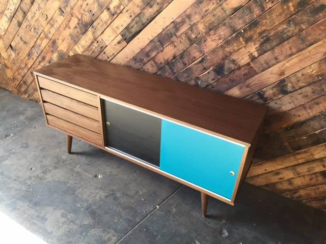 Mid Century Style Custom Small Credenza with 4 drawers and painted doors