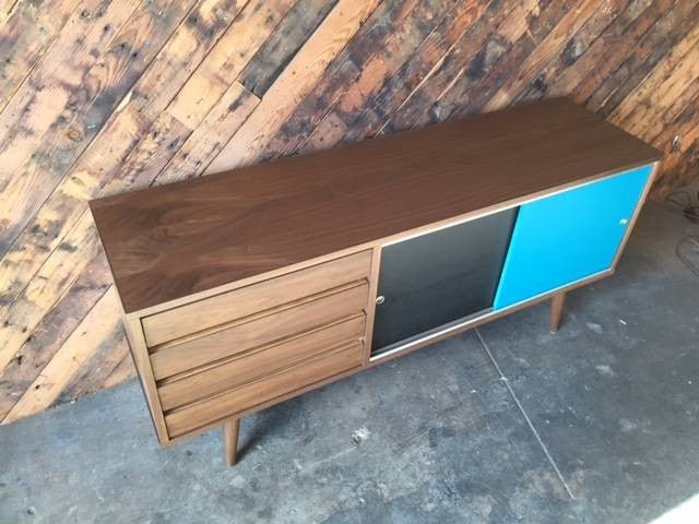 Mid Century Style Custom Small Credenza with 4 drawers and painted doors