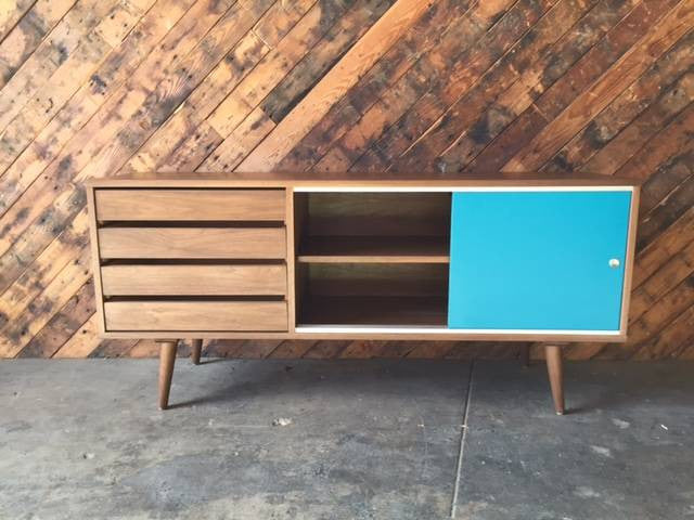 Mid Century Style Custom Small Credenza with 4 drawers and painted doors
