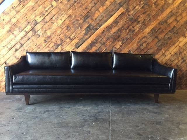 Mid Century Style Black Vinyl Sofa with Walnut Trim