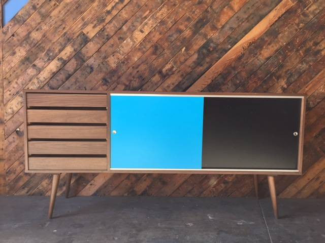 Mid Century Style Custom Large Walnut Credenza with 5 drawers and sliding doors