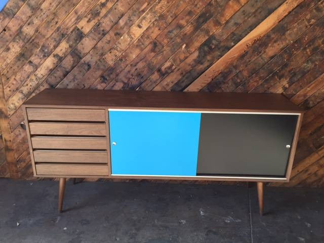 Mid Century Style Custom Large Walnut Credenza with 5 drawers and sliding doors
