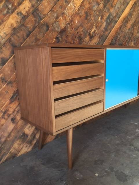 Mid Century Style Custom Large Walnut Credenza with 5 drawers and sliding doors