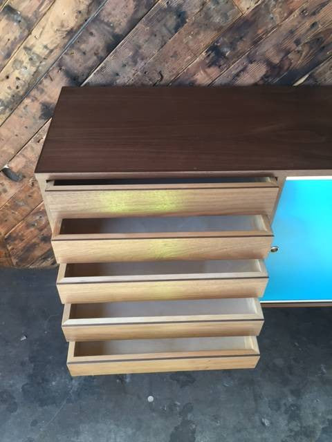 Mid Century Style Custom Large Walnut Credenza with 5 drawers and sliding doors
