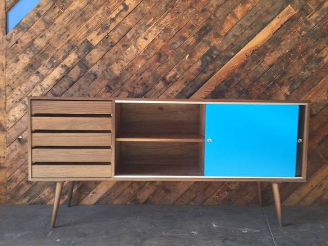 Mid Century Style Custom Large Walnut Credenza with 5 drawers and sliding doors