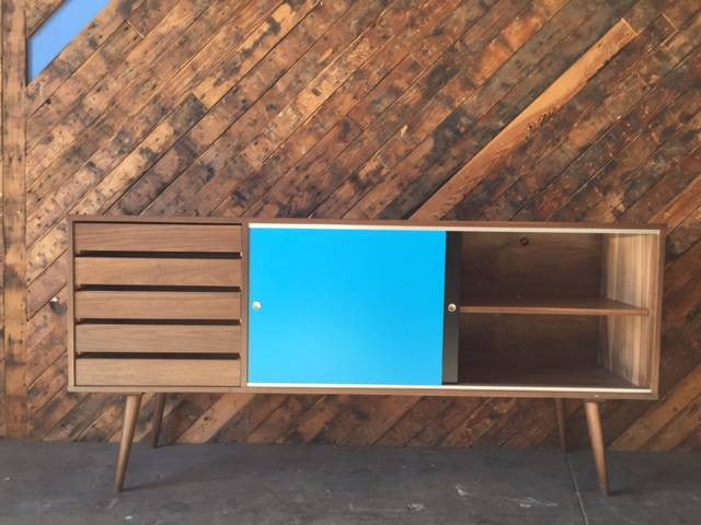 Mid Century Style Custom Large Walnut Credenza with 5 drawers and sliding doors