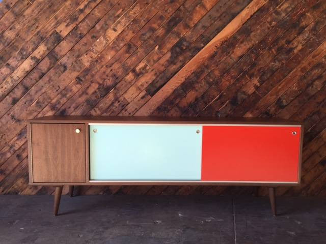Mid Century Style Custom Mint Orange Credenza and swing out door
