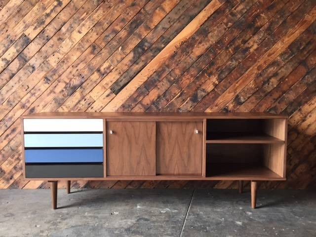 Mid Century Style Custom Walnut Credenza with 3 bays and 4 drawers