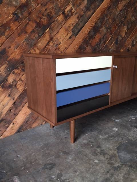 Mid Century Style Custom Walnut Credenza with 3 bays and 4 drawers