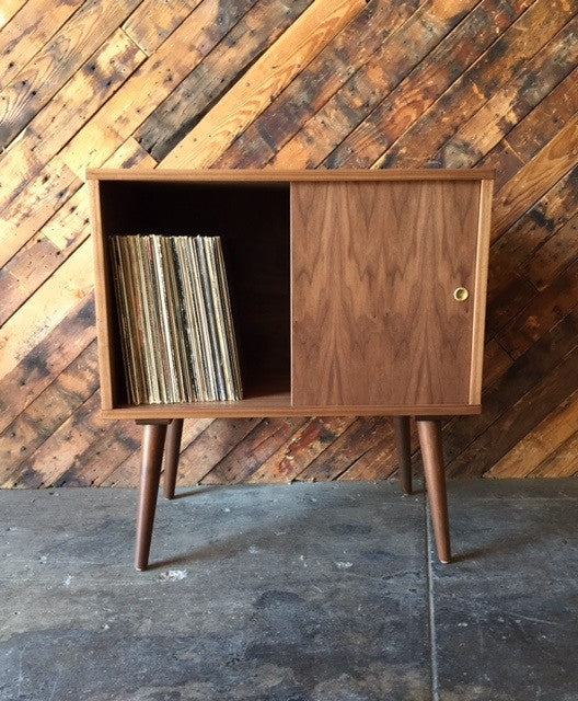 Mid Century Style Custom Walnut Record Bar Cabinet