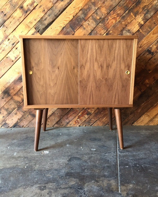 Mid Century Style Custom Walnut Record Bar Cabinet