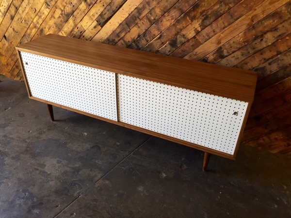 Mid Century Style Custom Walnut Perforated Door Credenza 3 bays