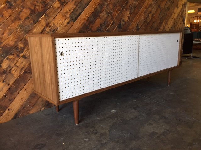 Mid Century Style Custom Walnut Perforated Door Credenza 3 bays only