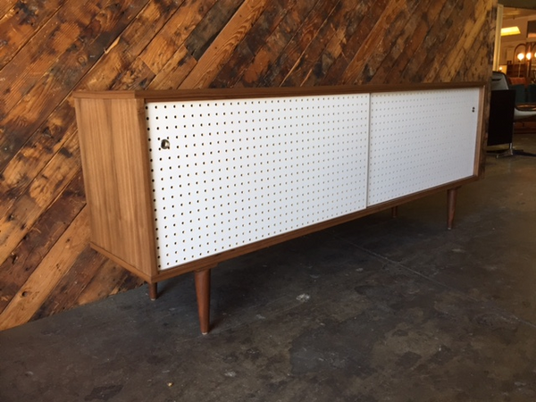 Mid Century Style Custom Walnut Perforated Door Credenza 3 bays