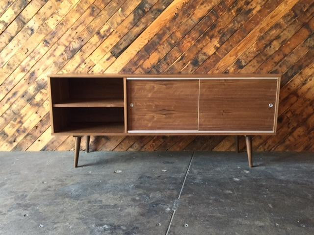 Custom Mid Century Style Walnut Credenza with 3 bays and 2 sliding doors