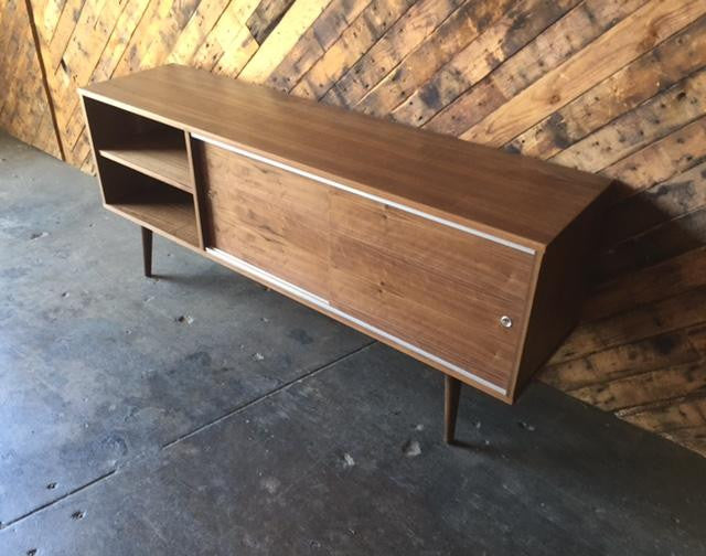Custom Mid Century Style Walnut Credenza with 3 bays and 2 sliding doors
