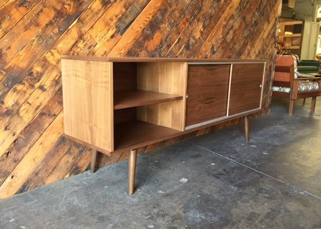Custom Mid Century Style Walnut Credenza with 3 bays and 2 sliding doors