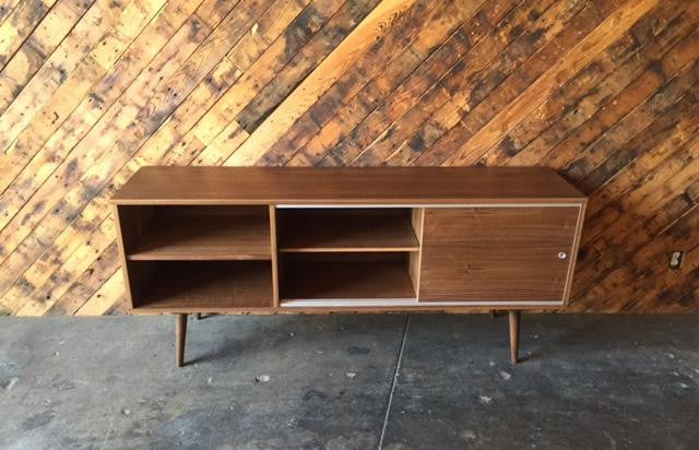 Custom Mid Century Style Walnut Credenza with 3 bays and 2 sliding doors