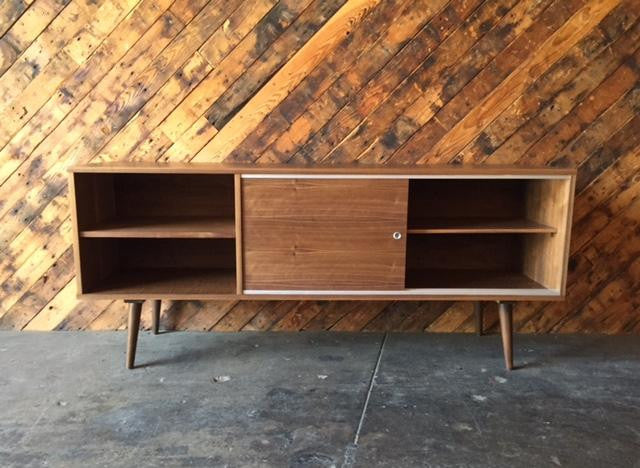 Custom Mid Century Style Walnut Credenza with 3 bays and 2 sliding doors