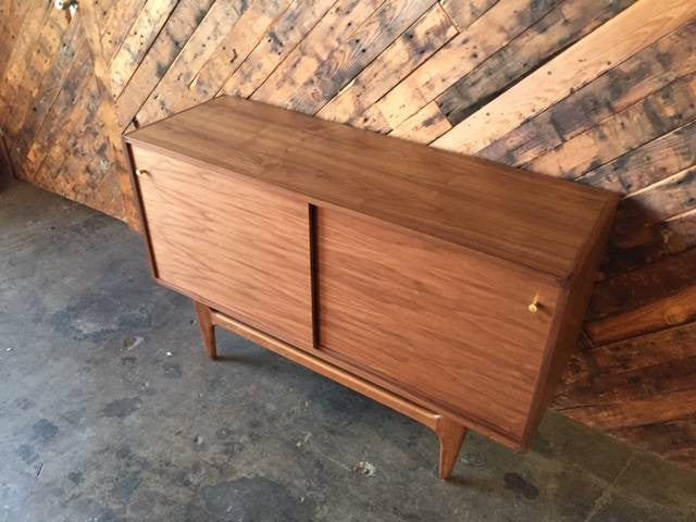 Custom Mid Century Style Walnut Sculpted Base Credenza