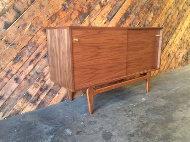 Custom Mid Century Style Walnut Sculpted Base Credenza