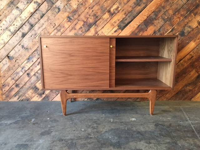 Custom Mid Century Style Walnut Sculpted Base Credenza