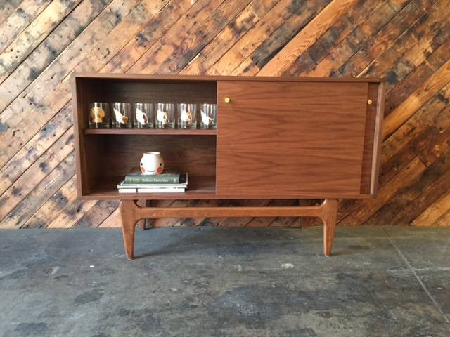 Custom Mid Century Style Walnut Sculpted Base Credenza