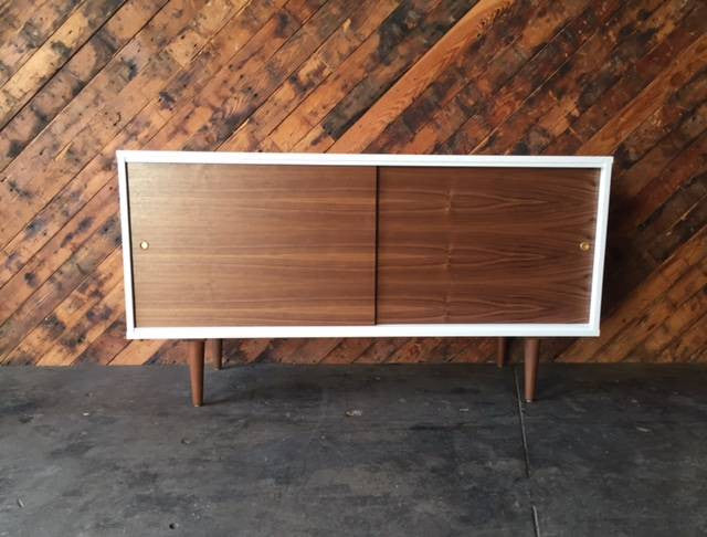 Custom Mid Century Style White Lacquer Walnut Credenza