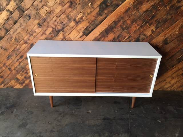 Custom Mid Century Style White Lacquer Walnut Credenza