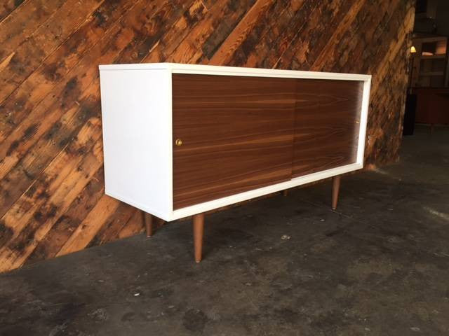 Custom Mid Century Style White Lacquer Walnut Credenza