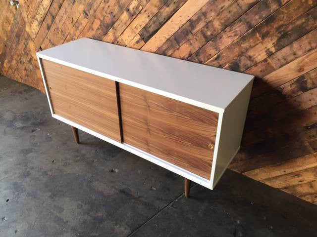 Custom Mid Century Style White Lacquer Walnut Credenza
