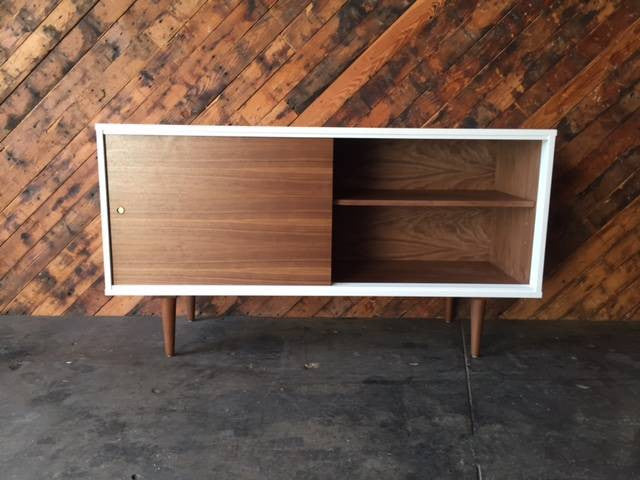 Custom Mid Century Style White Lacquer Walnut Credenza