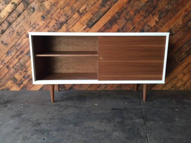 Custom Mid Century Style White Lacquer Walnut Credenza