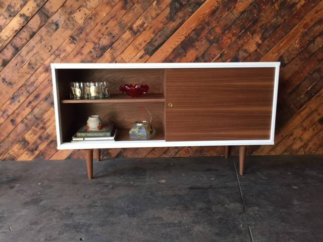 Custom Mid Century Style White Lacquer Walnut Credenza
