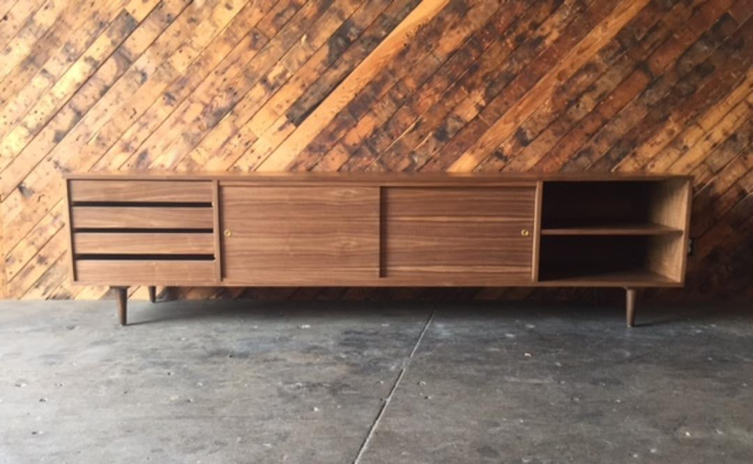 Mid Century Style Custom Walnut Credenza with 4 drawers and 2 doors