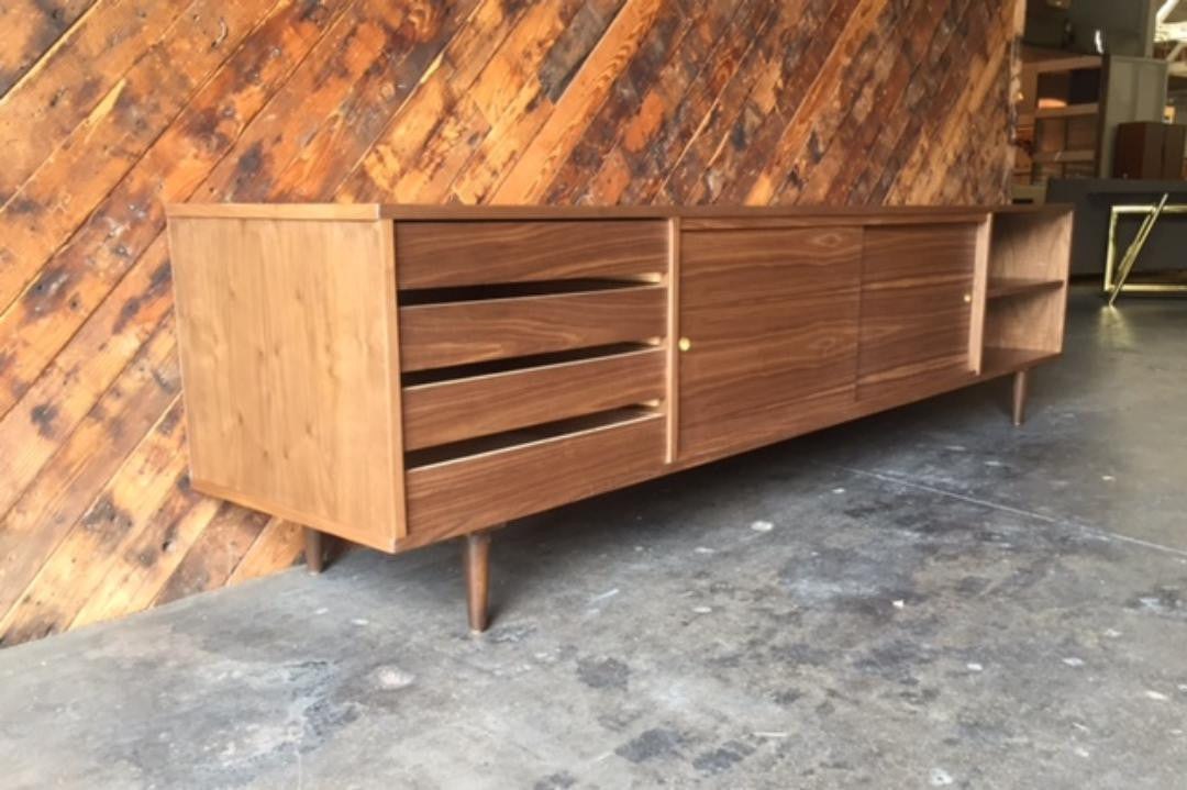 Mid Century Style Custom Walnut Credenza with 4 drawers and 2 doors