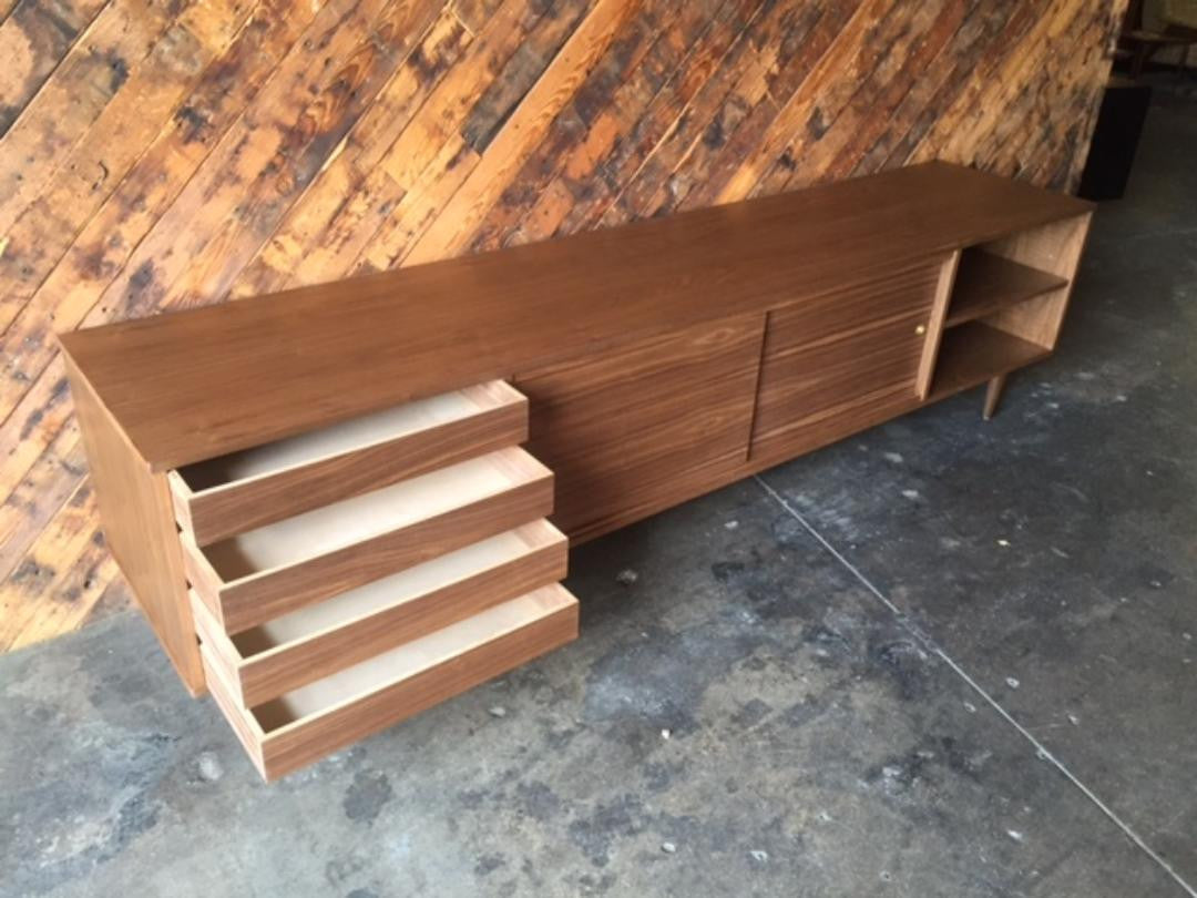 Mid Century Style Custom Walnut Credenza with 4 drawers and 2 doors