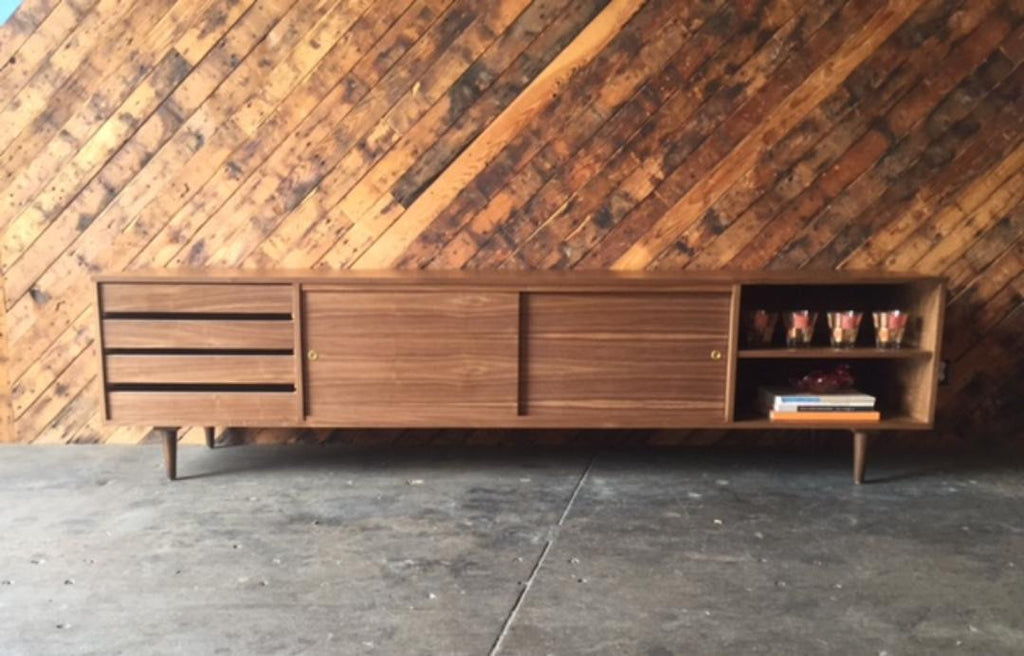 Mid Century Style Custom Walnut Credenza with 4 drawers and 2 doors