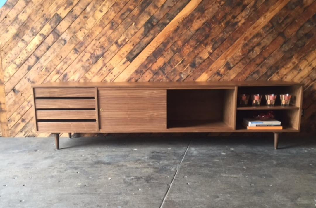 Mid Century Style Custom Walnut Credenza with 4 drawers and 2 doors