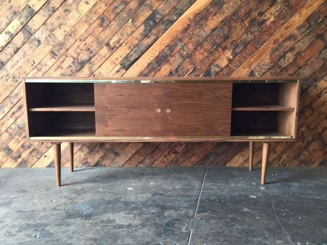 Mid Century Style Custom Walnut Brass Credenza with brass track