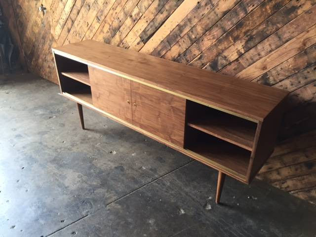 Mid Century Style Custom Walnut Brass Credenza with brass track