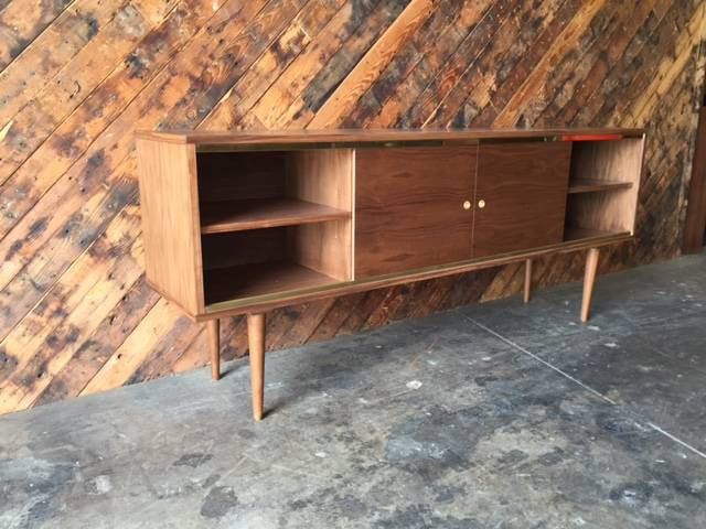 Mid Century Style Custom Walnut Brass Credenza with brass track