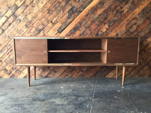 Mid Century Style Custom Walnut Brass Credenza with brass track