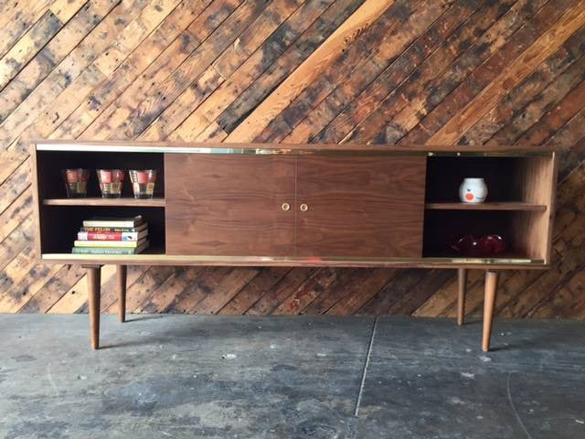 Mid Century Style Custom Walnut Brass Credenza with brass track