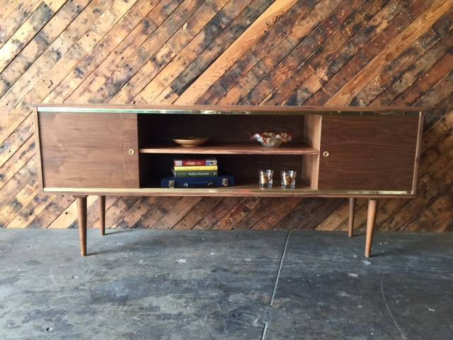 Mid Century Style Custom Walnut Brass Credenza with brass track