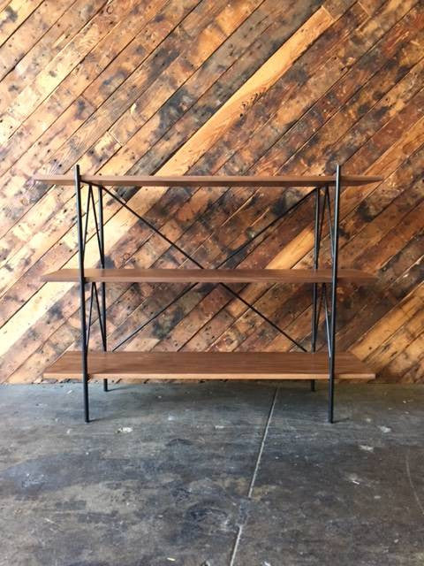 Custom Hand Made Iron Walnut Shelf, Mid Century Style with 2 bays