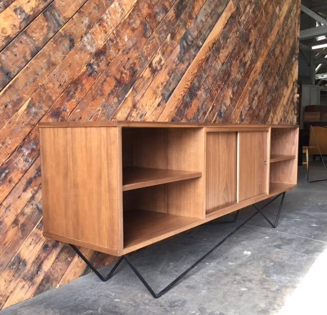 Custom Walnut Iron Base Sculptural Credenza, Mid Century Style