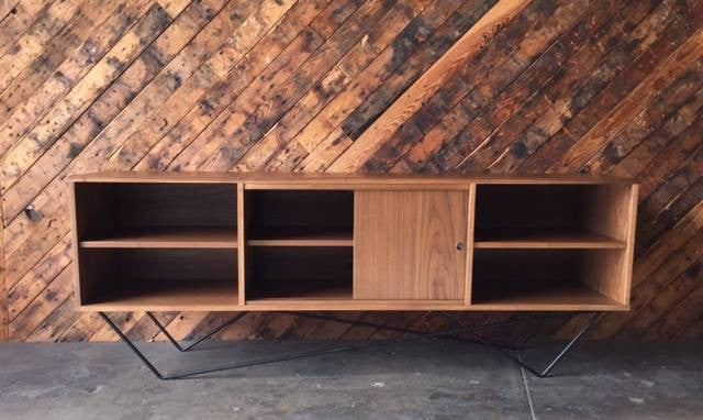 Custom Walnut Iron Base Sculptural Credenza, Mid Century Style
