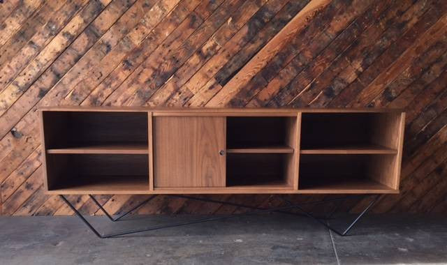 Custom Walnut Iron Base Sculptural Credenza, Mid Century Style